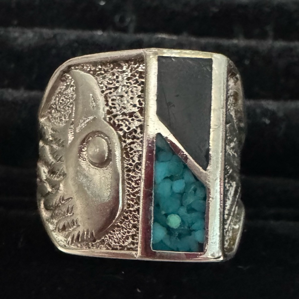 Eagle Ring, Nickel Ring, Turquoise, Coral Ring with Black and Turquoise Inlay